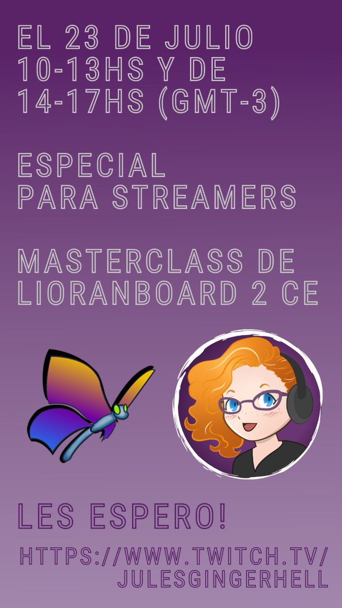 Se viene la masterclass de <a href="/LioranBoard/">LioranBoard</a> para #streamers!! El sábado 23 de julio a partir de las 10hs de Argentina!! Se agradece la difusión así viene más gente que quiera aprender de esta super herramienta!! #twitchstreamer #TwitchStreamers #lioranboard #masterclass