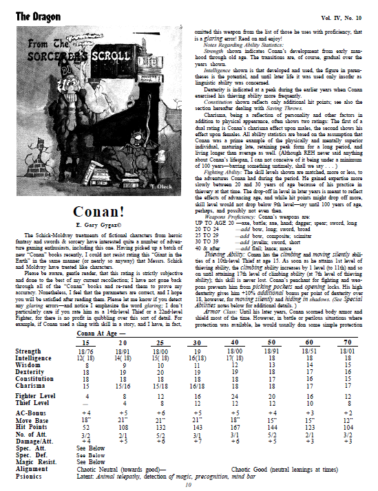CalstaffTheGold's tweet photo. In The Dragon #36 (Apr/80), E. Gary Gygax gives his take on the character stats for Conan at various ages for the AD&D game in this month's installment of "From the Sorcerer's Scroll".
#CharacterStats #DnD #ADnD https://t.co/2rhVAzbLsA