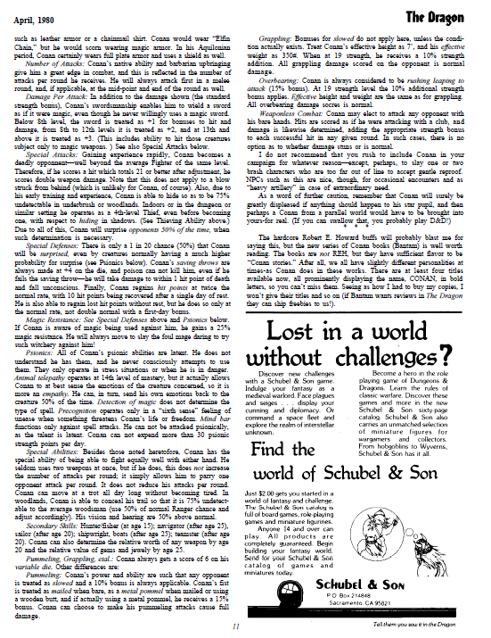CalstaffTheGold's tweet photo. In The Dragon #36 (Apr/80), E. Gary Gygax gives his take on the character stats for Conan at various ages for the AD&D game in this month's installment of "From the Sorcerer's Scroll".
#CharacterStats #DnD #ADnD https://t.co/2rhVAzbLsA