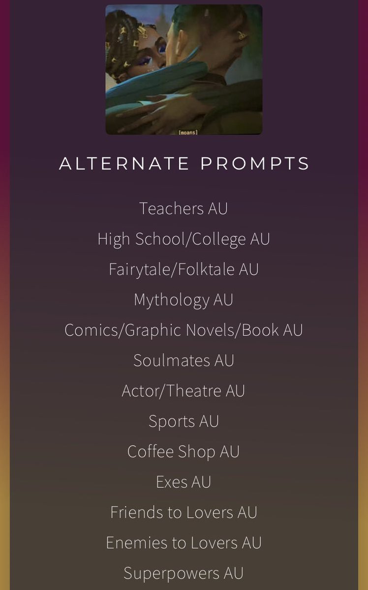 Welcome!  This account is for some Jayce/Mel fan events, the first one being a MelJay AU Week, Aug 28 - Sep 4. Eight days. :) There’s the main prompt list and an alternative list. You’re welcome to do both! #meljay #meljayauweek #melmedarda #jaycetalis

meljayauweek.carrd.co