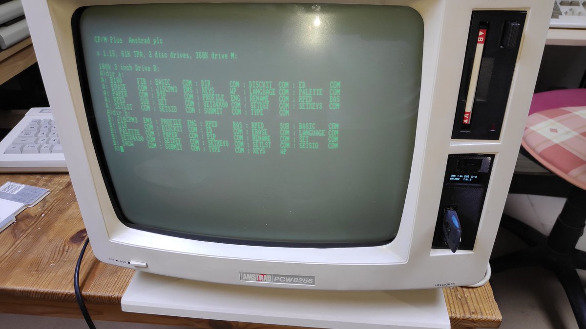 ARetroNerd's tweet photo. Finally! Got the Amstrad PCW to work with both original drive and Gotek and added a switch to allow boot from either. Woohoo! #retrogasm. Time for some games https://t.co/LJ2nOqayWy