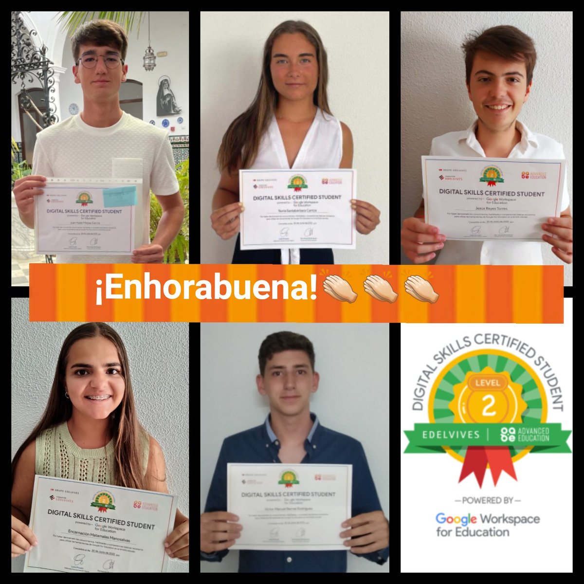 Estamos muy contentos de estar entre los primeros colegios en certificar alumnos/as en destrezas digitales para Estudiantes con <a href="/GoogleForEdu/">Google for Education</a> - nivel 2 (avanzado) ¡Enhorabuena🥳 a Juan Pablo, Nuria, Jesús, Encarni y Víctor! @Grupo_AEd <a href="/FundacEdelvives/">Fundación Edelvives</a>