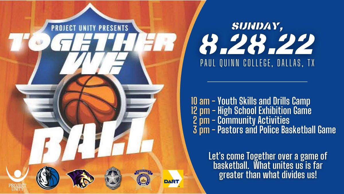 ProjectUnityNTX's tweet image. 🏀#TogetherWeBall IS BACK!!🏀
6th Annual #TWB event presented in partnership with the @dallasmavs, @PaulQuinn1872, @DallasPD, @Dallas_Sheriff &amp;amp; @dartmedia! This FREE event is a full day of fun activities for the entire family! This event is free &amp;amp; open to the public!