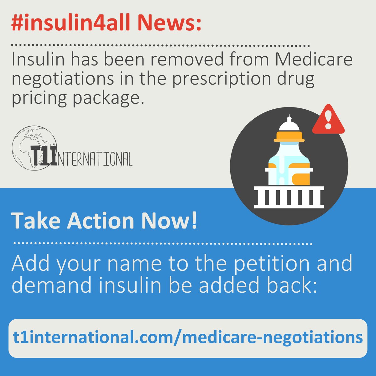 Insulin has been removed from Medicare negotiations in the reconciliation drug package. These negotiations are critical because we do not yet have a real price cap on insulin, nor even a copay cap.

Visit t1international.com/medicare-negot… to send Congress a message in less than one minute.