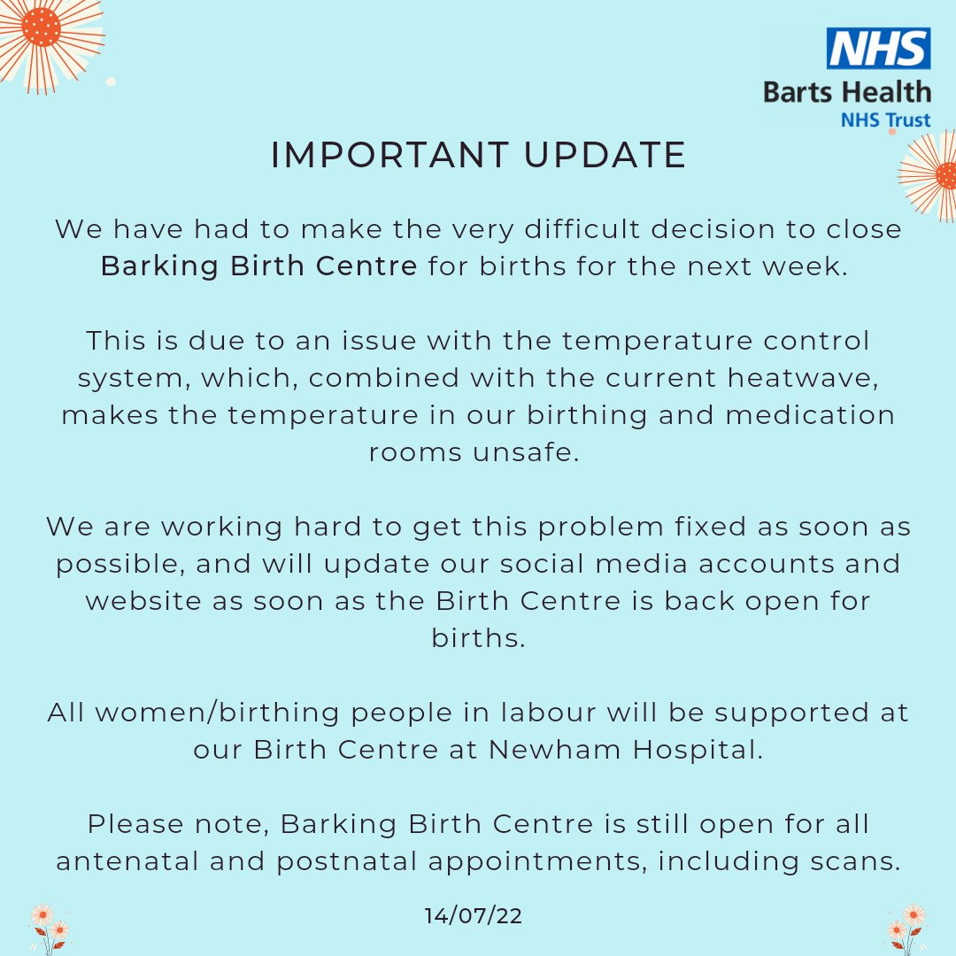 Important update regarding the temporary closure of Barking Birth Centre to births, due to a temperature control fault. We are working hard to get this problem fixed as soon as possible.