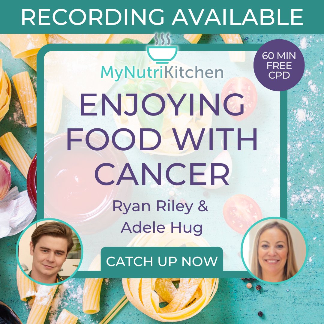 Last month, we were joined by <a href="/RyanRileyy/">Ryan Riley</a> <a href="/LifeKitchen/">Life Kitchen</a> &amp; specialist oncology dietitian <a href="/Huggy_Dietitian/">Adele Hug RD</a> for a webinar sharing some simple ways we can support people with cancer to enjoy food again.⁣
⁣
Catch up here: mynutriweb.com/enjoying-food-…
⁣
#CancerCookery #MyNutriKitchen
