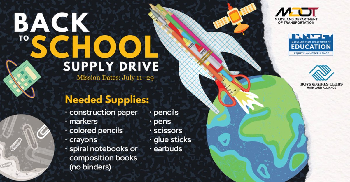 MarylandDOT's tweet photo. ICYMI: MDOT, including its 6 agencies, is partnering with @MdPublicSchools and the Boys and Girls Clubs Maryland Alliance for a statewide Back to School Supply Drive from July 11 to July 29. For more information, click the link: https://t.co/gi2GFdHp1F @bgcbaltimore #MDOTcares https://t.co/vN1y4fuva5