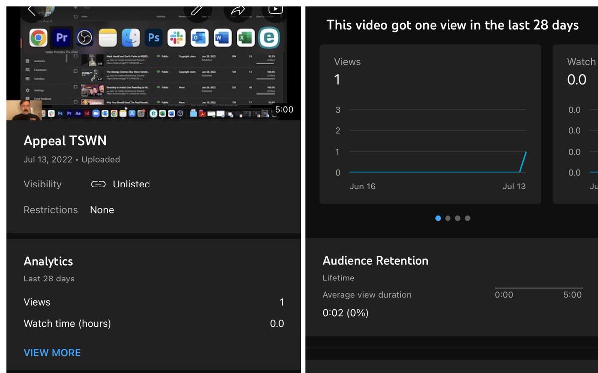 twoSWnerds's tweet photo. @TeamYouTube Following the rules of the YPP I was still denied and my appeal was “not representative of [my] channel.” Yet the audience retention for the appeal video was 0:02 seconds. Did someone watch the full appeal video and have specific feedback on specific videos? https://t.co/4QH8LDQnYF