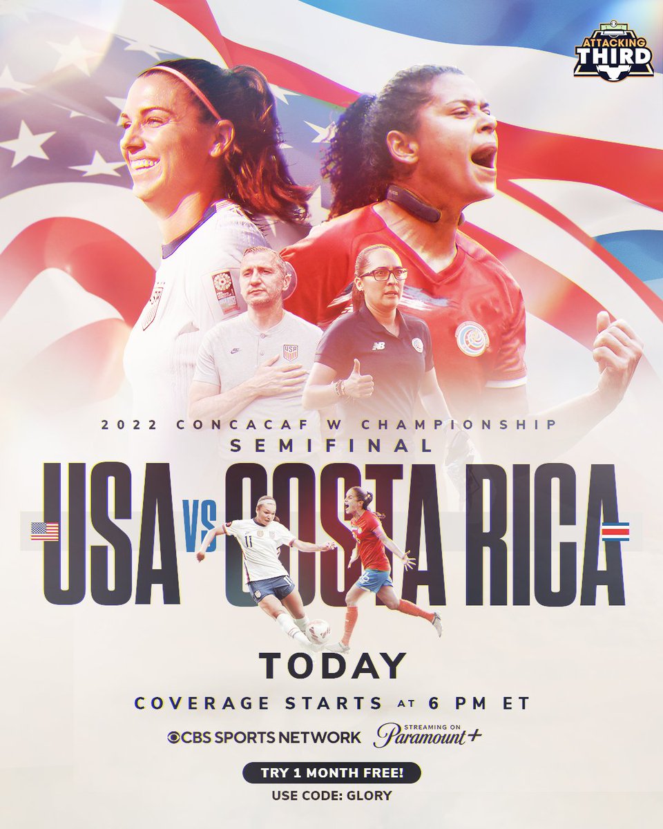 WGolazo's tweet photo. The @USWNT take on Costa Rica in for a place in the @ConcacafW Championship final. ⚔️

Coverage starts at 6:00 PM ET on @CBSSportsNet and @paramountplus. 🍿

Get P+ for 1 month FREE! Use code: Glory https://t.co/kkOZkw4Vdf
