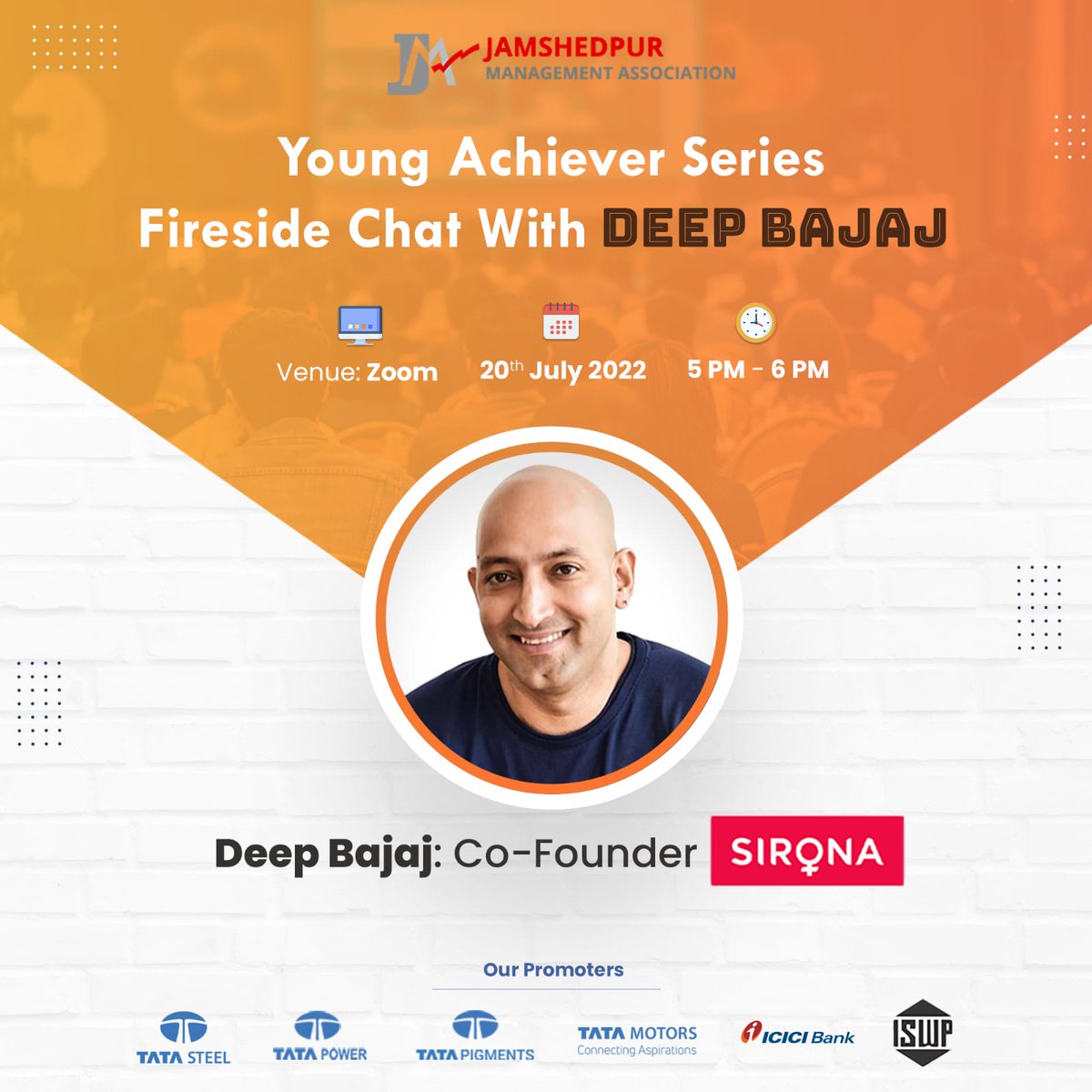 jsrjma's tweet photo. JMA is back again with its flagship event #Young_Achiever_Series : #Fireside_chat. We are delighted to share the name of the speaker for this Young Achiever Series; Deep Bajaj, Co-Founder of @SironaHygiene. Register here https://t.co/k1ZgdSMUxF https://t.co/HqyS1F3Mbo