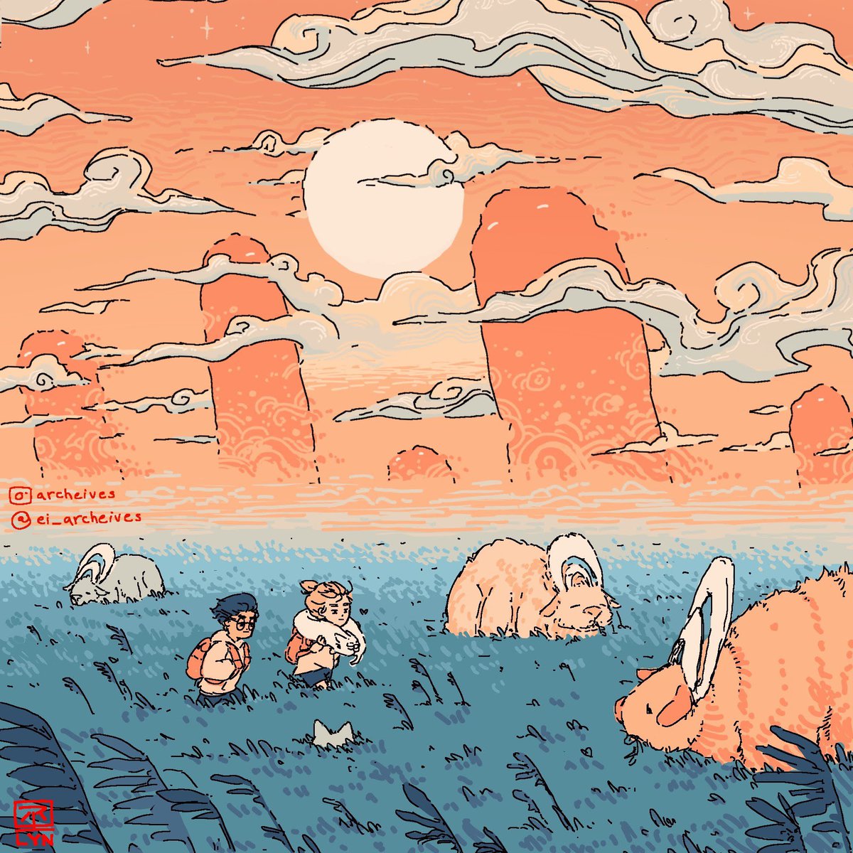 They walked past huge plains, grass blue green, with strange cow-like creatures with six legs and shielded heads roaming peacefully. The clouds above were long and streaky, wind blowing gently against their expedition gear. #archeives #illustration