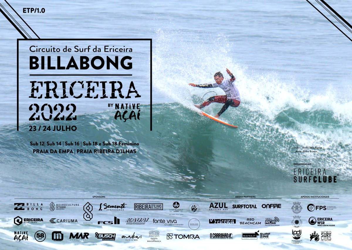 EriceiraSC's tweet photo. INSCRIÇÕES ABERTAS - 1ª Etapa BILLABONG ERICEIRA 2022, by NATIVE AÇAÍ |Sub 12, Sub 14, Sub 16, Sub 18 e Sub 18 Feminino - 23 e 24 de Julho
As inscrições estarão abertas até às 23h59, da próxima 5ª feira, dia 21 de julho
Inscrições no seguinte link: https://t.co/X44Bxyr8EP https://t.co/vphtNiz9av
