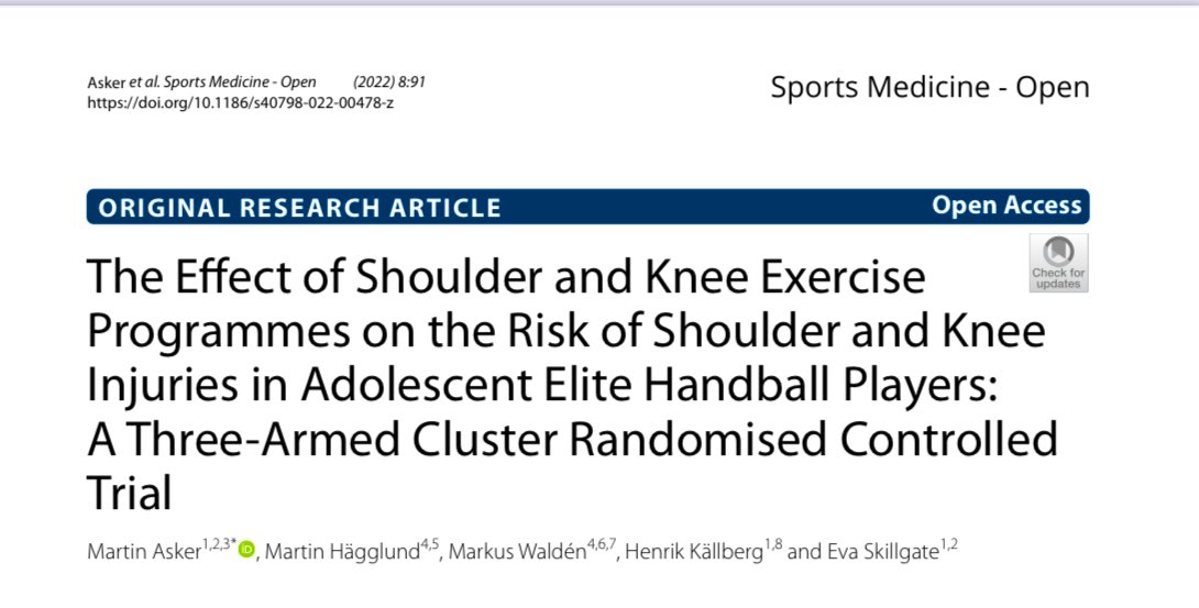 Hot off the press and open access! 

The effect of the exercise programmes Shoulder Control and Knee Control on the risk of shoulder and knee injuries in adolescent handball. 56% lower shoulder injury rate and 31% lower knee injury rate, respectively. 

sportsmedicine-open.springeropen.com/articles/10.11…