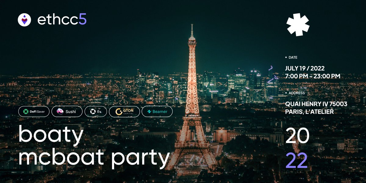 GTON Capital heads to Paris🇫🇷 for #EthCC!

We’ll be hosting a Boaty McBoat Party🛥 on July 19 with amazing partners <a href="/SushiSwap/">Sushi.com</a>  <a href="/BeamerBridge/">Beamer Bridge</a>  <a href="/0xProject/">0x | We're Hiring!</a>  <a href="/DeFiSaver/">DeFi Saver</a> . 

If you're lucky enough to get a special invitation, see you on board. Otherwise  -  rendez-vous à Paris!