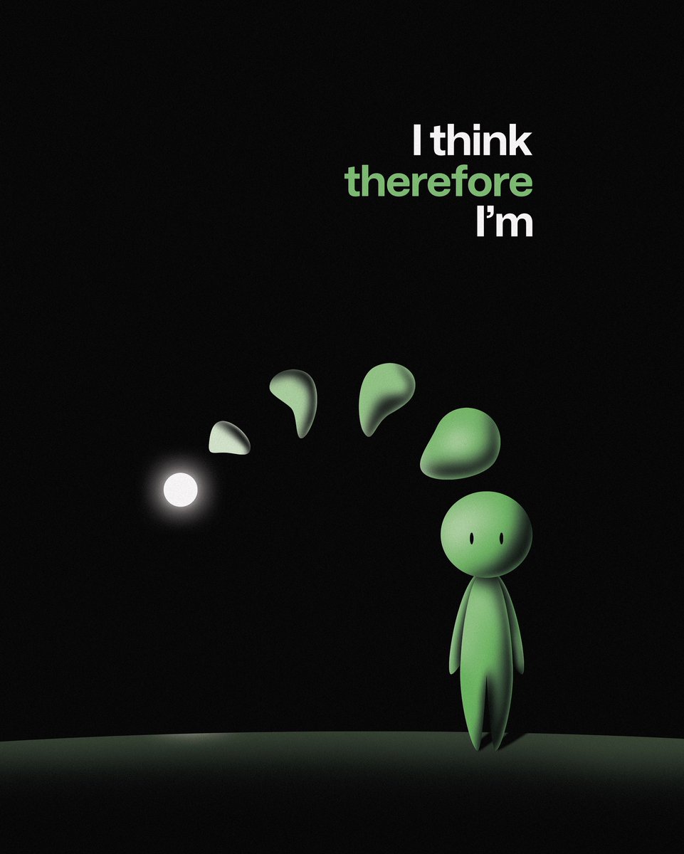mohamadnabiil's tweet photo. “I think, therefore I’m” is a quote by the French philosopher René Descartes. 

The concept of this poster came from Descartes’s thinking process from “I am thinking” which I represented it as a 
white glowing circle, to “I exist”. https://t.co/M6rYirj8Jq