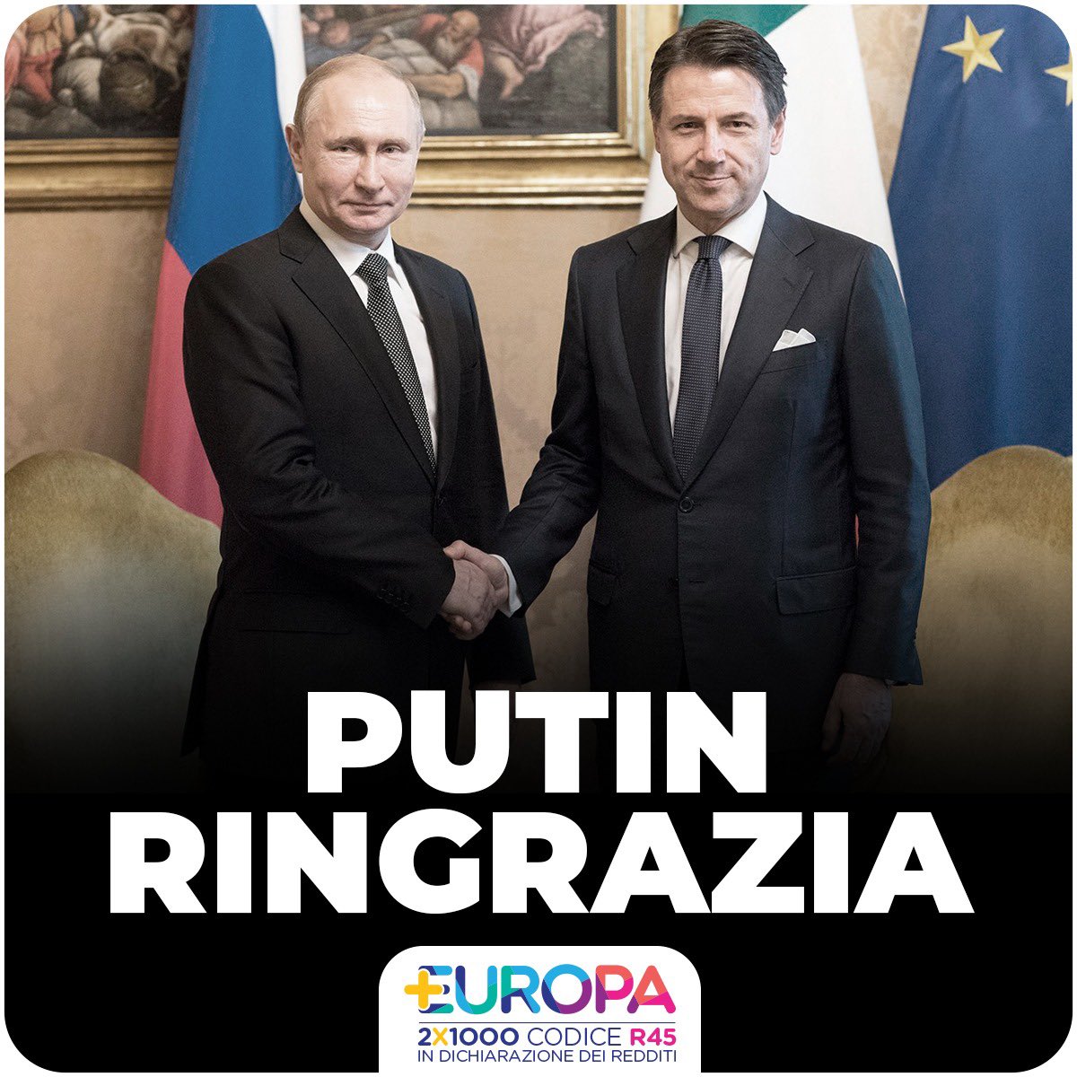 Piu_Europa's tweet photo. Per colpa di #Conte e del #M5S, #Draghi si è dimesso. E qualcuno sta già festeggiando. #Putin https://t.co/EW00hdeAY5