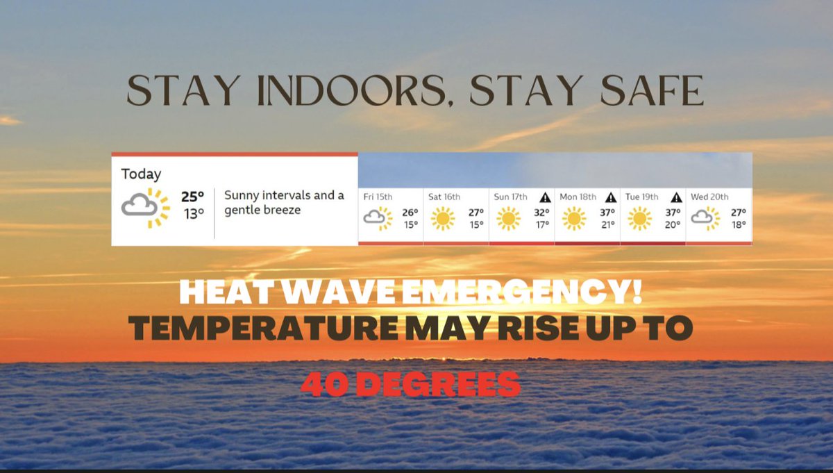 This week may be as hot as 40 degree celsius. I request you all to stay indoors, avoid unnecessary exposure to sun, drink lots of water, stay hydrated and take care of your loved ones.
