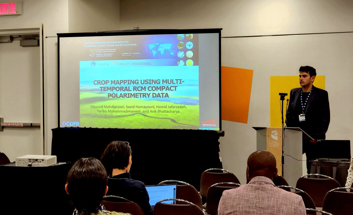 HejarShahabi's tweet photo. A great presentation👏 on using multi-temporal #Polarimetry and #ML models for crop mapping by professor @mahdianpari from @MemorialU. 
#icagcsrs2022
#gischat 
#geospatial
#python
#sar
#EsriUC
#csrs2022
#cropmapping
#GeoAI https://t.co/e7sSVey32k