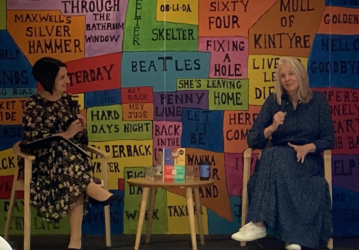 YAY!!!! Delighted to be listening to @BonnieGarmus chatting all things writing, copywriting, rowing & #ElizabethZott with @Caroline_S @WaterstonesLPL - SO fabulous to be back again in the world of #LessonsInChemistry