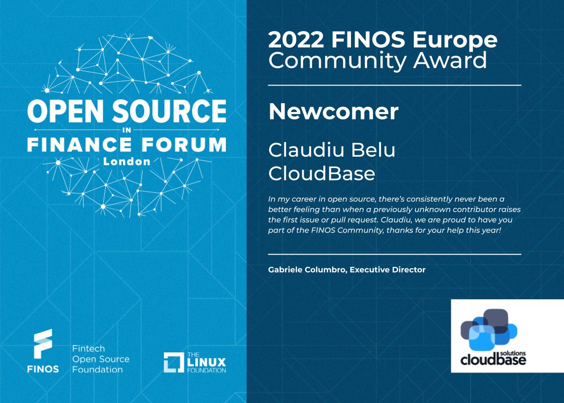 2022 FINOS Europe Community Award: congratulations to Claudiu Belu of <a href="/cloudbaseit/">Cloudbase Solutions</a> for receiving the Newcomer Award #community #OSFFlondon #osfinserv #opensource #awards
