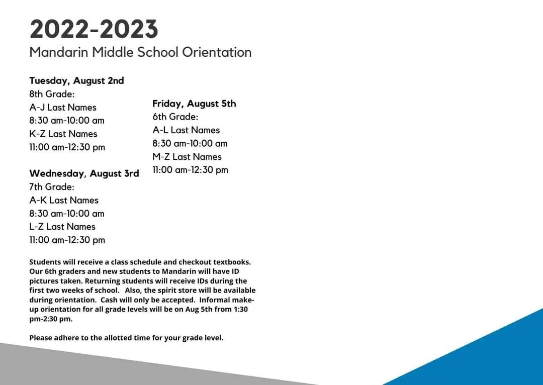 Orientation is fast approaching.  Please mark you calendar for the appropriate date and time.

#WeAreMandarin #TeamDuval