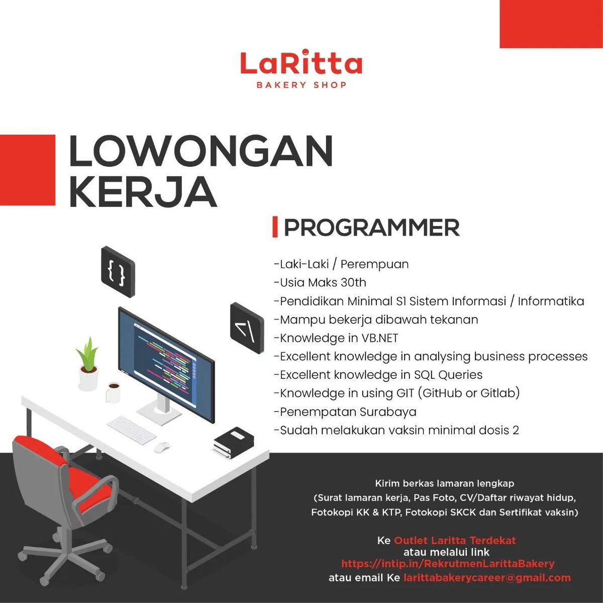 lokerit_01's tweet photo. Dibutuhkan segera posisi Programmer
Silahkan kirimkan lamaran kalian pada email yg tertera
Share dan bagikan ke teman-teman kalian juga guys
#lokerit #lokerdeveloper #lokerprogrammer https://t.co/m4l8aQDeDF