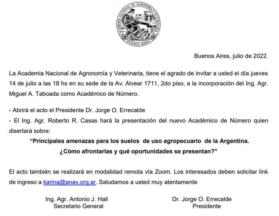 OteguiMaria's tweet photo. A no perderse hoy 6 p.m. la disertación de Miguel Taboada con motivo de su ingreso a la #ANAV como Académico de Número.
"Principales amenazas para los suelos de uso agropecuario en Arg. Cómo afrontarlas y qué oportunidades se presentan?". Para solicitar acceso👇 https://t.co/PCtlWWyVCo