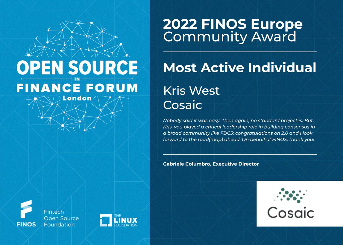 FINOSFoundation's tweet photo. 2022 FINOS Europe Community Award: congratulations to Kris West of @chartiq for receiving the Most Active Individual Award #community #OSFFlondon #osfinserv #opensource #awards https://t.co/LTb5qb0lVf