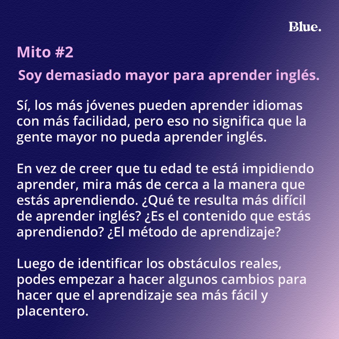 learnatblue's tweet photo. ¿Querés pero no te animás a aprender inglés? No dejes que estos mitos te roben la experiencia más provechosa de tu vida 🙌 No pospongas más tus metas. ¡Animate! https://t.co/k6bp4X0kTM