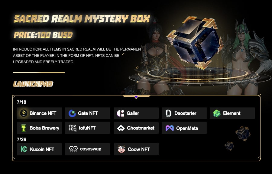 SealemGem's tweet photo. 🎁Sacred Realm Mystery Box🎁
All items in Sacred Realm will be the permanent asset of the player in the form of #NFT. NFTs can be upgraded and freely traded.
💰Price: 100 BUSD
⏰Date: 7/18 &amp; 7/26,12pm(UTC)
#SealemLab #BNBChain #BSC #BSCGems #NFTCommmunity #GameFi https://t.co/hEQKNhex9p