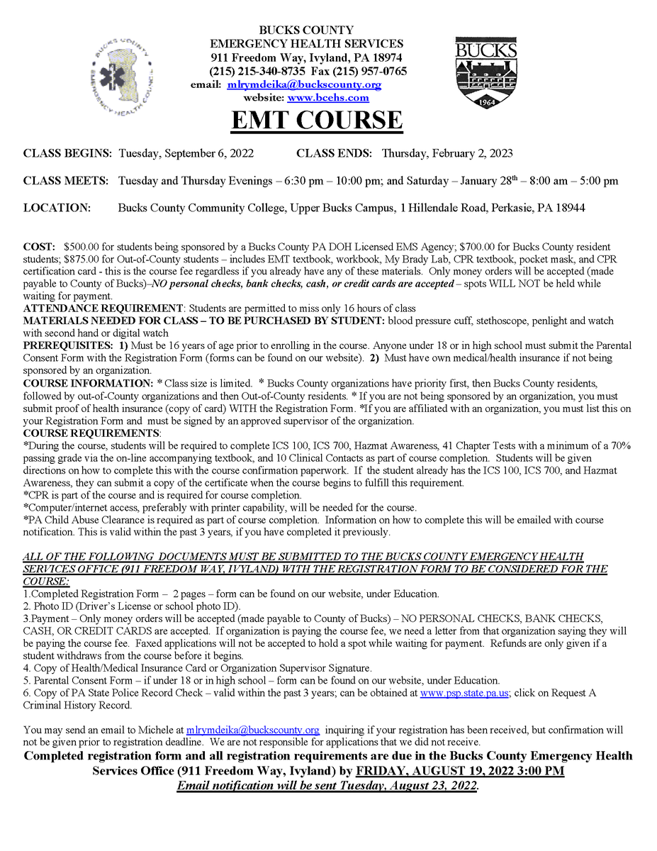 BucksEhs's tweet photo. Check it out! TWO #EMT classes for the fall! See ya there! https://t.co/5H3AxC69ZJ