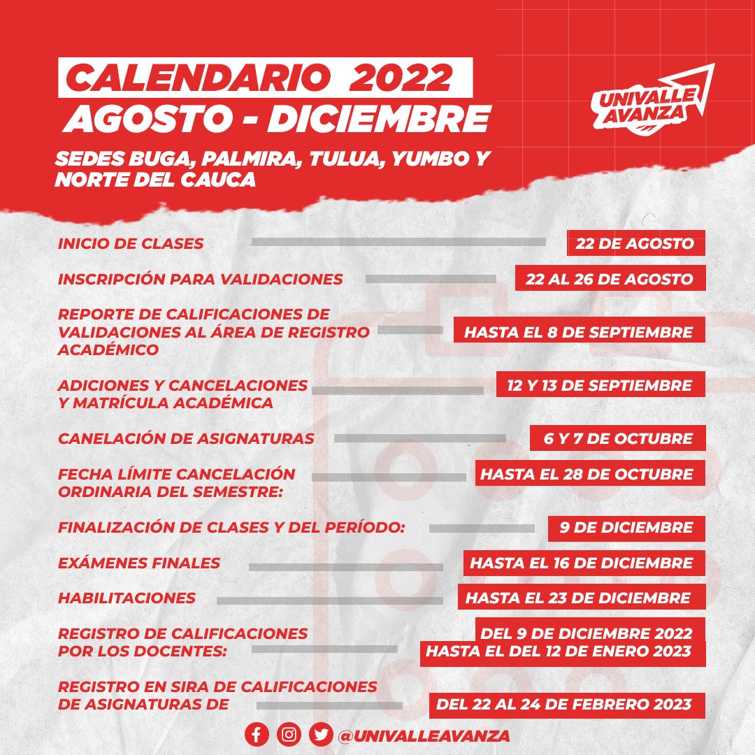 UnivalleAvanza's tweet photo. Calendario oficial AGOSTO - DICIEMBRE 2022 ❤️

SEDES Buga, Palmira, Tuluá, Yumbo y Norte del Cauca

#univalle #Universidaddelvalle #Melendez #palmira #buga #cali #Buenaventura #pacifico #intersedes #intersedesunivalle #yumbo #caicedonia https://t.co/ZvDqIj37SA