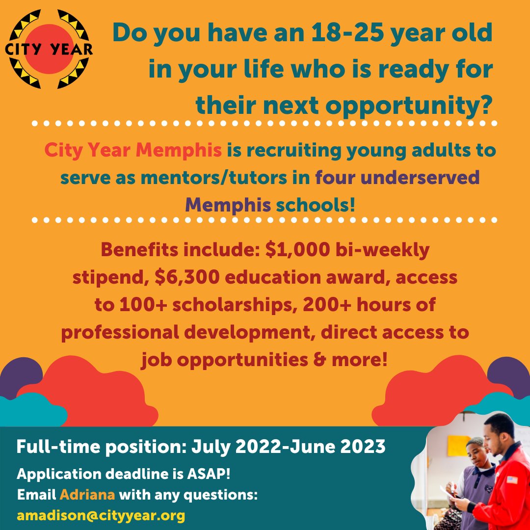 Great opportunity for recent education and social science graduates!  Gain valuable experience while helping youth in our community! <a href="/CityYearMemphis/">City Year Memphis</a>