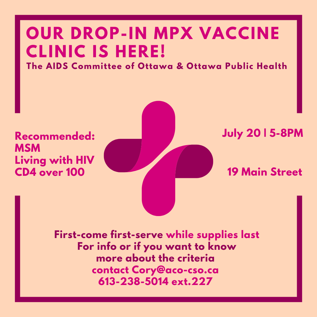 ACOttawa's tweet photo. Our MPX Vaccine Clinic is coming up soon!

Participants that meet the recommendations (see the poster) are encouraged to attend!

5-8PM at 19 Main Street!

@OttawaHealth  #mpx #msm #GuysintoGuys https://t.co/1CoOEOzmrs