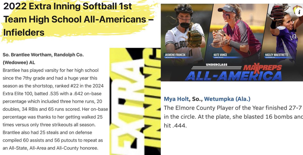 Shoutout to <a href="/BrantleeWortham/">Brantlee Wortham #1</a> for being recognized by Extra Inning Softball 1st team HS All-American &amp; <a href="/myaholt25/">Mya Holt</a> for being recognized for being 2nd team Max Prep All-American 

#boltspremier2024 #boltsboom