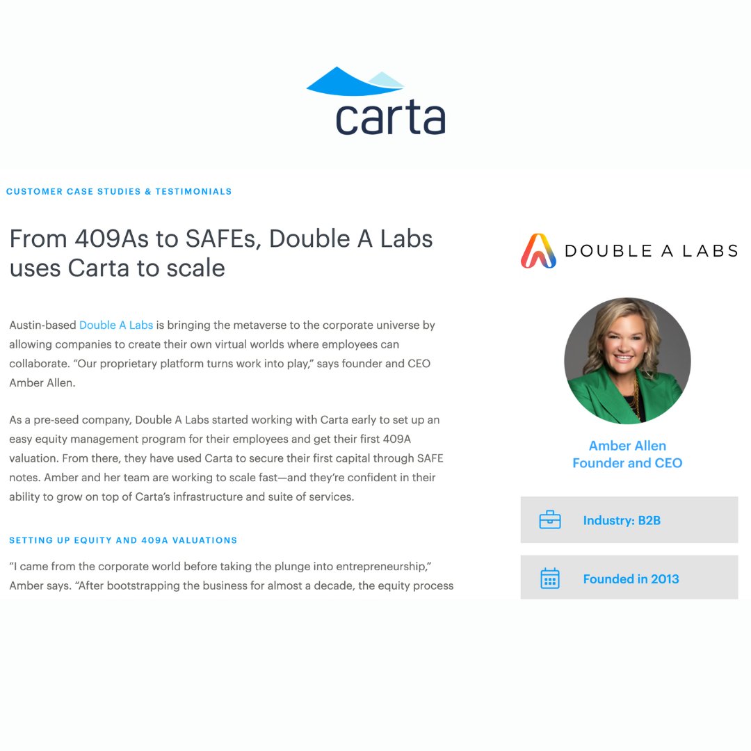 I’m incredibly grateful to be working with a phenomenal company like <a href="/cartainc/">Carta</a> that has been truly instrumental in helping my team and I at <a href="/doublea_labs/">Double A Labs</a> scale! I'm excited to continue working with Carta in the future. 🎉

carta.com/resources/cust…