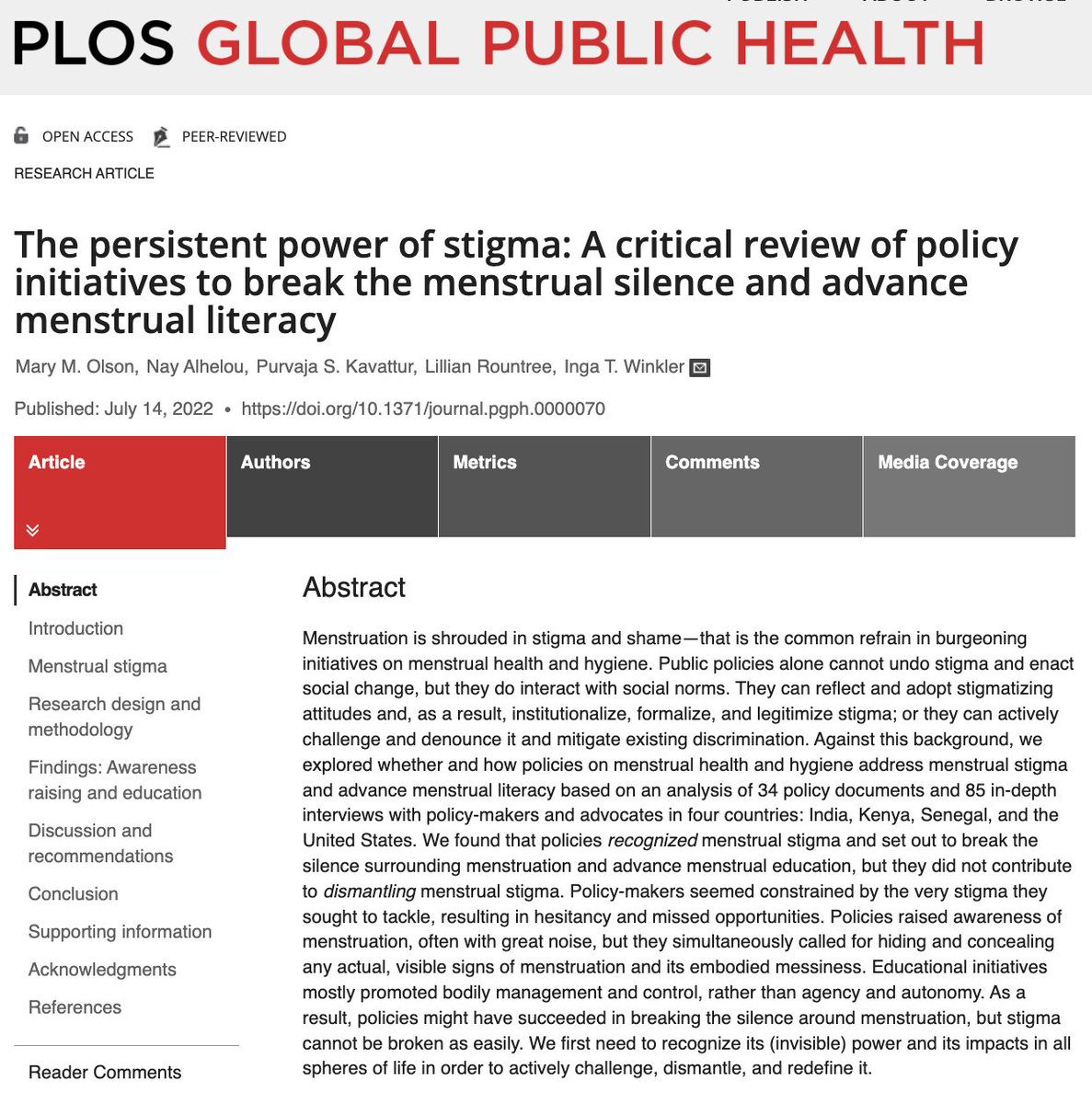 An excellent day for menstrual research: After our stimulating #LSA2022 panel, our article on menstruation, policy initiatives & persistent stigma was just published.

Open access available here: journals.plos.org/globalpubliche…