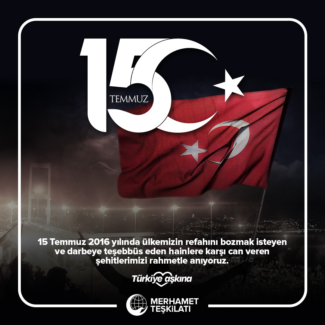 15 Temmuz 2016 yılında ülkemizin refahını bozmak isteyen ve darbeye teşebbüs eden hainlere karşı can veren şehitlerimizi rahmetle anıyoruz.
#15temmuzdestanı #15temmuz