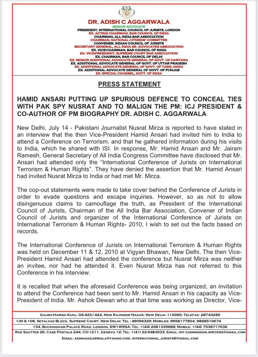 AdityaRajKaul's tweet photo. #BREAKING: Fresh twist in #HamidAnsari controversy relating to Pakistani spy journalist. One Event organiser Dr. Adish Aggarwala issues detailed statement from London. Says, Vice President Ansari’s secretariat wanted Spy Nusrat Mirza to attend conference. Demands inquiry by Govt. https://t.co/lGtVvklQXr