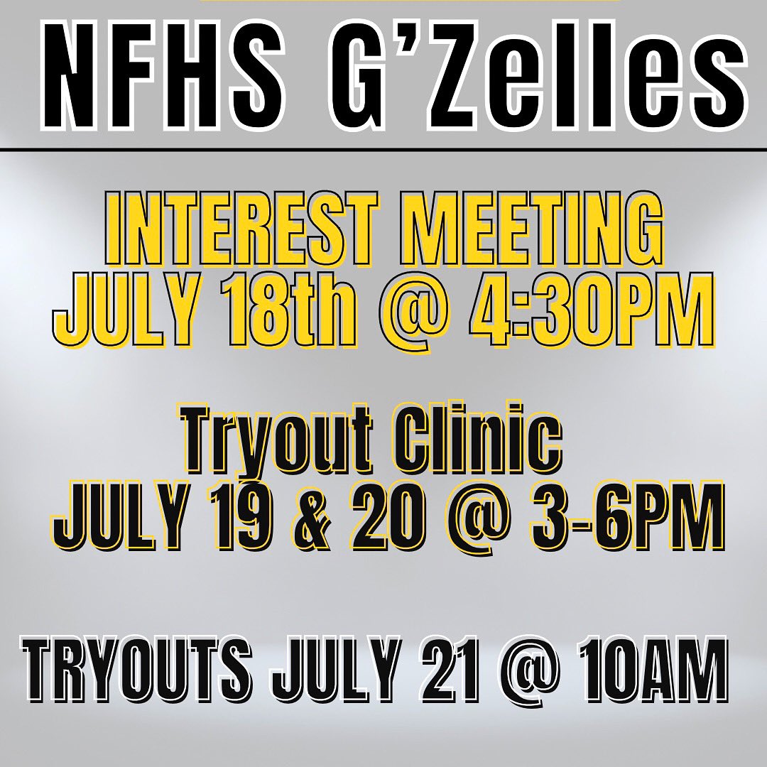 NFHSDance's tweet photo. SAVE THE DATES! By the end of next week, we will know our 2022-2023 GβZelles β¨
**For those trying out, notice the change in schedule listed below!
#DanceisBack π€ https://t.co/0aeYnJXZCv