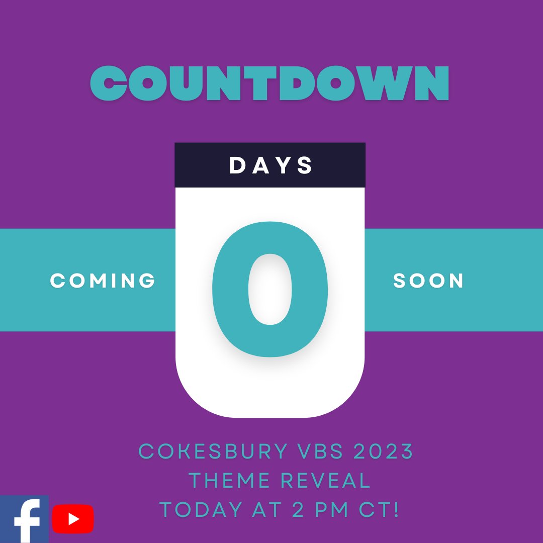 Cokesbury VBS 2023 Theme Reveal is only 20 minutes away! Join us on Cokesbury's Vacation Bible School (VBS) Facebook Page and the Cokesbury VBS YouTube channel at 2 PM CT for our LIVE event!