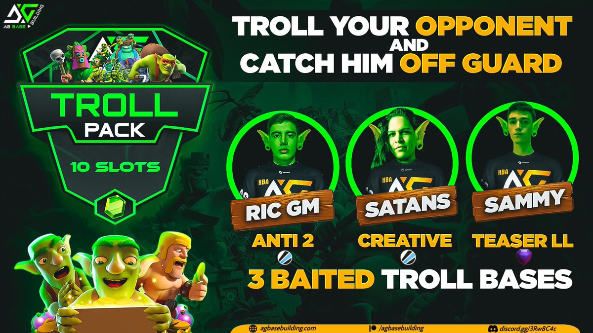 🟢Troll Pack🟢

   x3 Extra Care Troll Bases that are baited which get you those 1 star defences. 
   These bases are extremely baited to give your opponent the worst time that they start pulling their hair out.  
   This Pack is limited to 10 buyers 

agbasebuilding.com/products/troll…