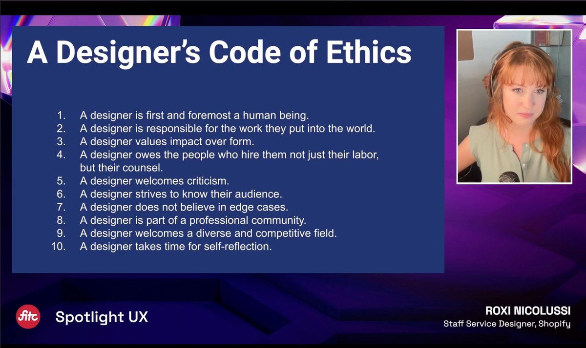 Inspiring, thought-provoking talk with <a href="/bigpictureroxi/">Roxi (she/her)</a> about making sure we’re not solving the wrong problems! #SpotlightUX