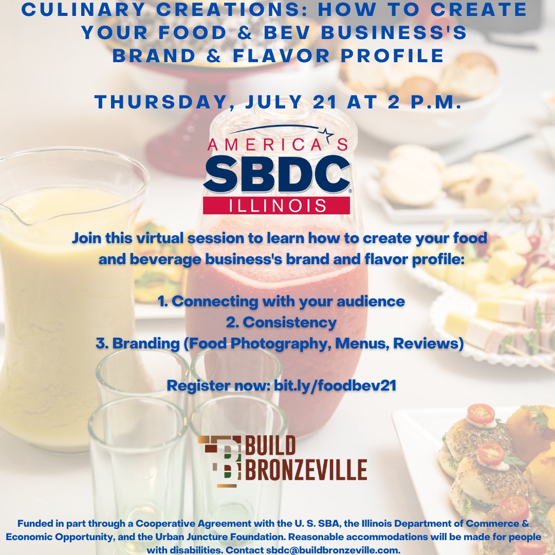 Food and beverage business owners, be sure to join us for this virtual session! Register via the link in bio.  #sbdcbuildbronzeville #chicagoentrepreneurs