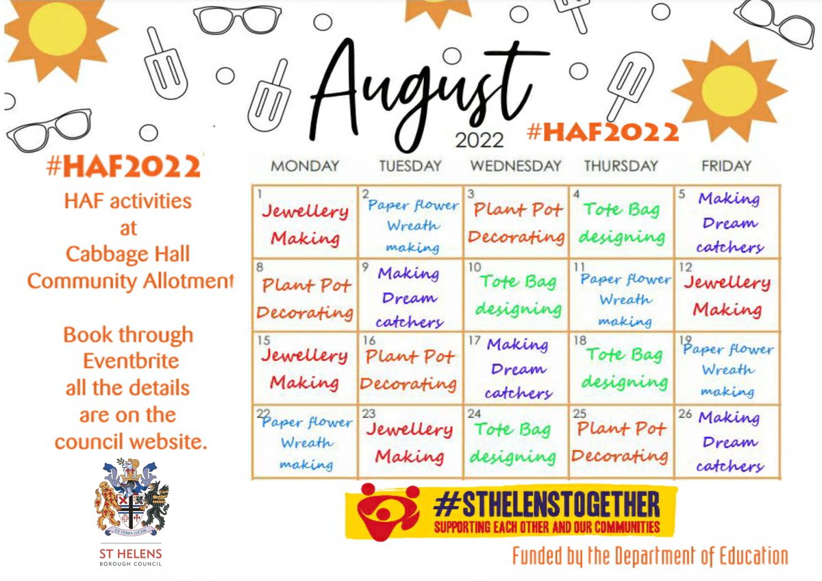 Use this link to Book your child's place. 
 
eventbrite.co.uk/d/united-kingd…

#HAF2022  #Cabbagehallcic #Sthelenstogether #DeptforEducation