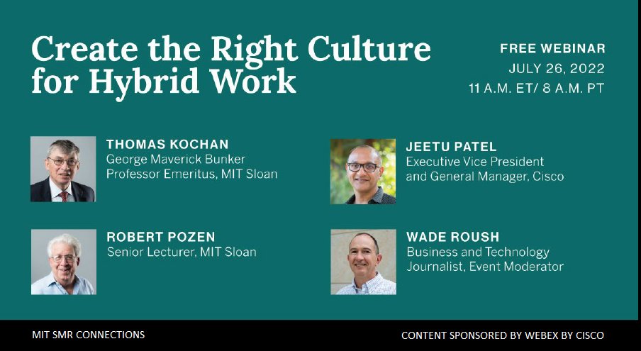 Webex (@webex) on Twitter photo How do you create the right culture for #HybridWork? In this free one-hour #webinar, host @wroush talks with <a href="/TomKochan/">Thomas A. Kochan</a>, <a href="/jpatel41/">Jeetu Patel</a>, and <a href="/Pozen/">Bob Pozen</a> to discuss evolving trends and remote work.
Register here 👉 cs.co/6012zsFPq How do you create the right culture for #HybridWork? In this free one-hour #webinar, host @wroush talks with <a href="/TomKochan/">Thomas A. Kochan</a>, <a href="/jpatel41/">Jeetu Patel</a>, and <a href="/Pozen/">Bob Pozen</a> to discuss evolving trends and remote work.
Register here 👉 cs.co/6012zsFPq