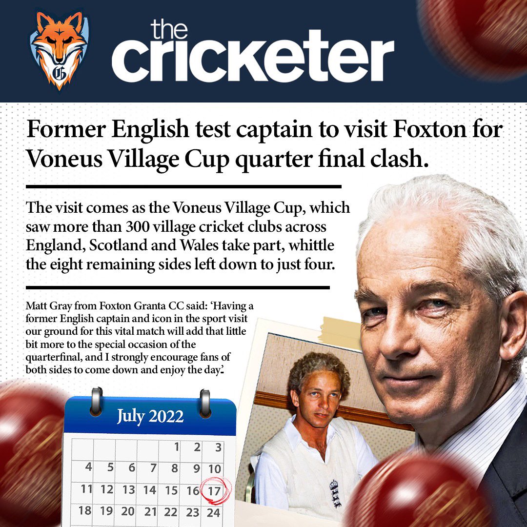 Foxton Granta CC (@foxtongrantacc) on Twitter photo What an exciting day for the club as <a href="/TheCricketerMag/">The Cricketer</a> will be sending former England captain David Gower to our quarter final game against <a href="/RedbournCC/">Redbourn CC</a> in the <a href="/TheCricketerNVC/">Voneus Village Cup ๐</a> ๐๐ What an exciting day for the club as <a href="/TheCricketerMag/">The Cricketer</a> will be sending former England captain David Gower to our quarter final game against <a href="/RedbournCC/">Redbourn CC</a> in the <a href="/TheCricketerNVC/">Voneus Village Cup ๐</a> ๐๐