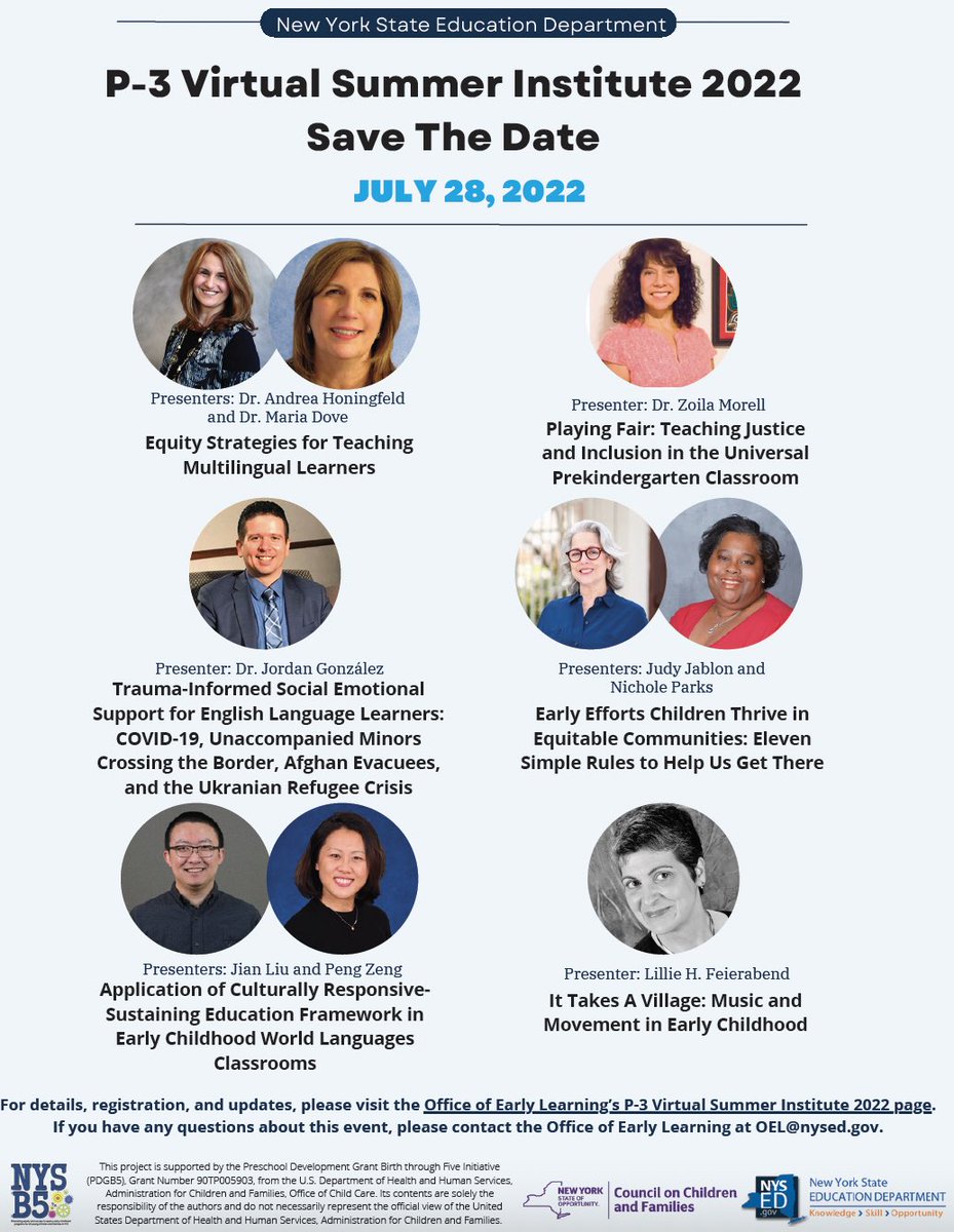 LXJSmonk's tweet photo. The NYS Council on Children and Families (CCF) is partnering with the NYS Education Department's Office of Early Learning to convene the annual P-3 Summer Institute. Links to registrations and presentations will be published on this page on July 28, 2022.
https://t.co/wCdPymmEWy https://t.co/a5f7GUECwh