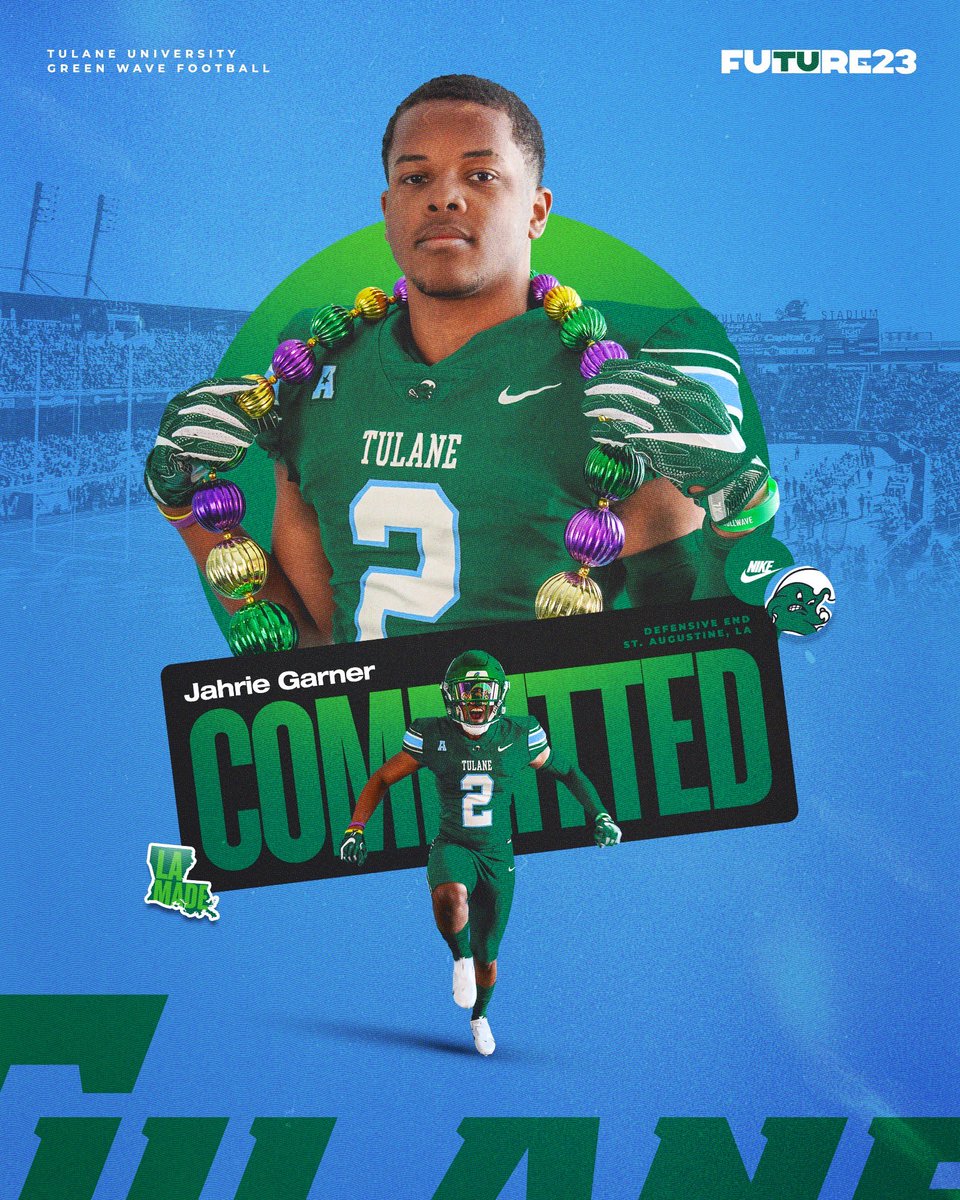 𝐽𝑎ℎ’𝑟𝑖𝑒 𝐺𝑎𝑟𝑛𝑒𝑟 (@lajahrie) on Twitter photo Thank you <a href="/GreenWaveFB/">Tulane Football</a> for recruiting me. <a href="/CoachWEFritz/">Coach Willie Fritz</a> <a href="/JJMcCleskey/">JJ McCleskey</a> <a href="/ROBERTSON_9TWO/">Travian Robertson</a>
Roll wave🌊🌊 #AGTG
<a href="/st_aug_football/">St Augustine Football</a> for giving me a platform to thrive. My coaches @foster20504 <a href="/EDGEASSASSINS/">EDGE ASSASSINS</a> for believing in me Thank you <a href="/GreenWaveFB/">Tulane Football</a> for recruiting me. <a href="/CoachWEFritz/">Coach Willie Fritz</a> <a href="/JJMcCleskey/">JJ McCleskey</a> <a href="/ROBERTSON_9TWO/">Travian Robertson</a>
Roll wave🌊🌊 #AGTG
<a href="/st_aug_football/">St Augustine Football</a> for giving me a platform to thrive. My coaches @foster20504 <a href="/EDGEASSASSINS/">EDGE ASSASSINS</a> for believing in me