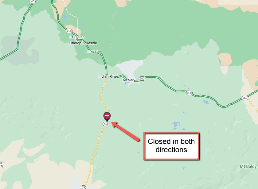 ArizonaDOT's tweet photo. *CLOSURE*
State Route 73 is CLOSED in both directions near Indian Pine.
The closure is due to a crash at milepost 351.
Motorists should expect delays and seek an alternate route.
There is no estimated time to reopen the highway.
#aztraffic #SR73 https://t.co/RFIl1wf1g2